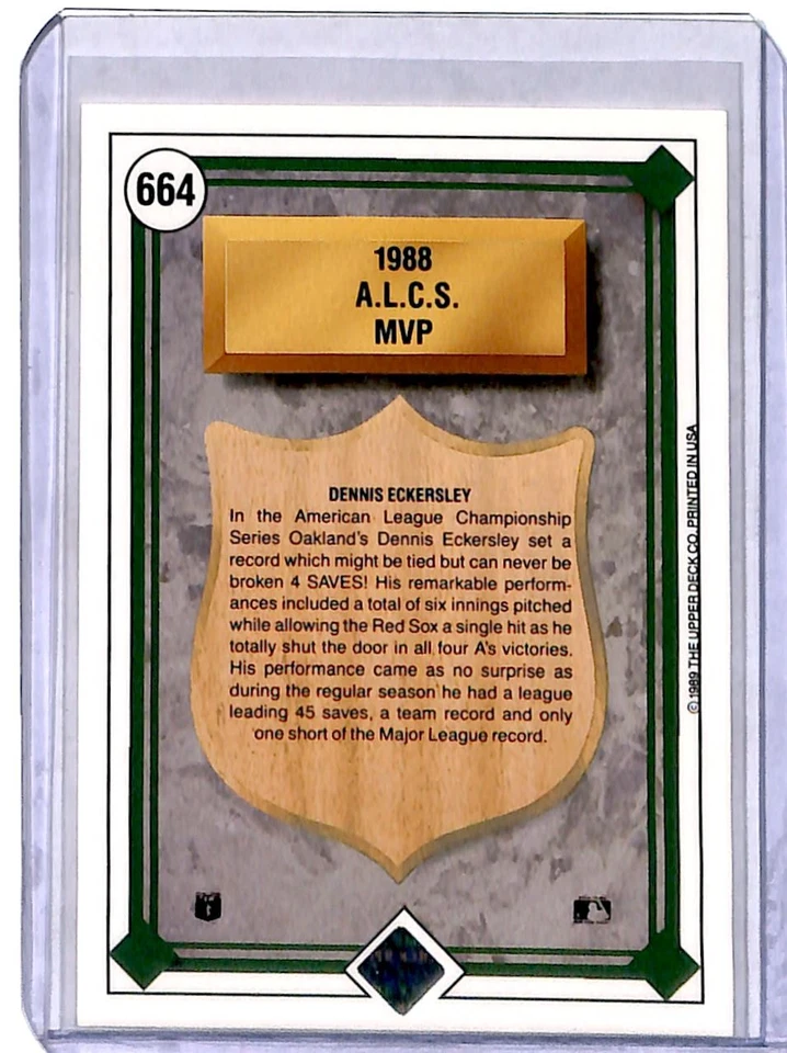 1989 Upper Deck Dennis Eckersley Oakland Athletics #664 - Image 2 of 2