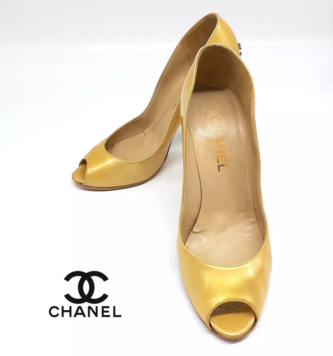 CHANEL Patent leather pumps coco mark open toe gold size 38 1/2 genuine cleaned