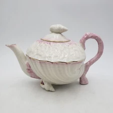 Belleek Pink & White Neptune Seashell Teapot Gold Trim | Tri Legged Shell Feet