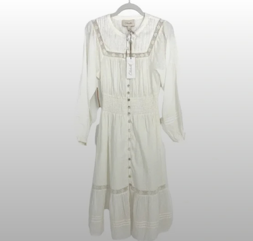 Cleobella Midi Edwardian Dress Organic Cotton Smoked Waist Lace
