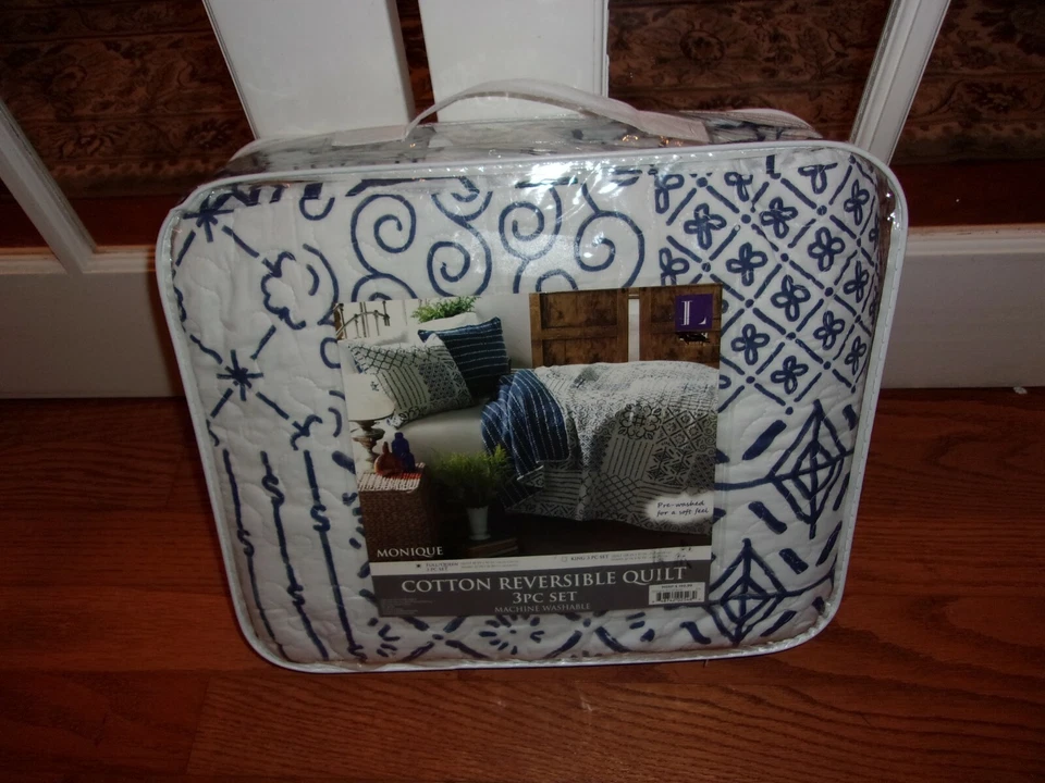 Nuevo Juego de 3 edredones y fundas exuberantes decoración Monique azul blanco patrón artístico completo/reina Foto 2 de 4