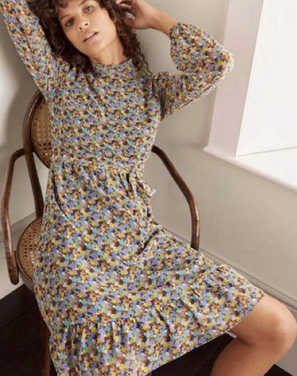 Boden Lottie Floral High Neck Tie Waist Midi Ruffle Dress Size 16/18 Long