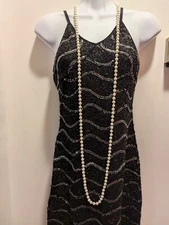 1920s Flapper Sequin Fancy Gatsby Black XS Dress W/Pearls And Cigarette...