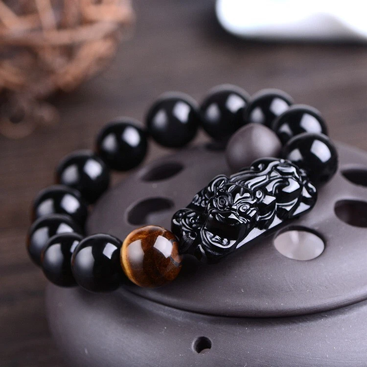 Men s Good Feng Shui Black PIXIU Obsidian Stone Bracelet Wealth Jewelry