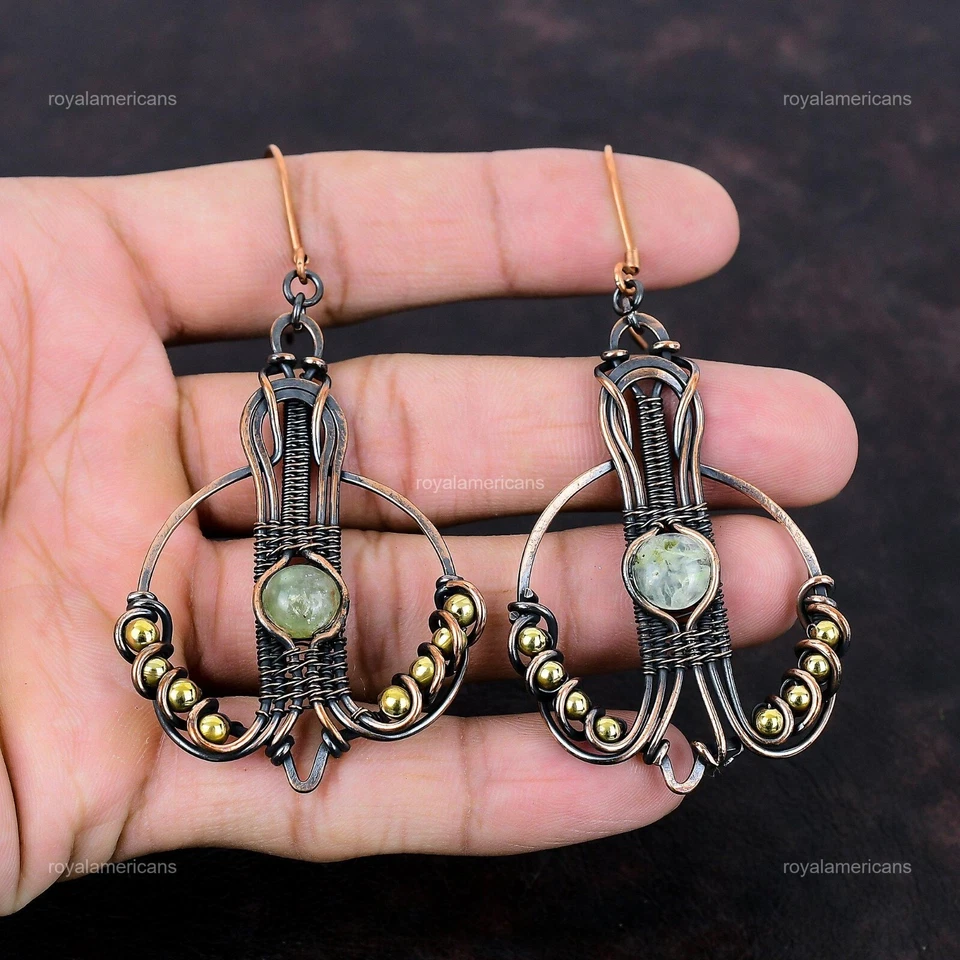 Round Moss Prehnite Gemstone Copper Wire Wrapped Dangle Drop Earrings Jewelry - Image 4 of 4