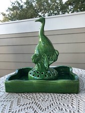 Vintage Crane/Heron Emerald Green Flower Frog w/ Tray