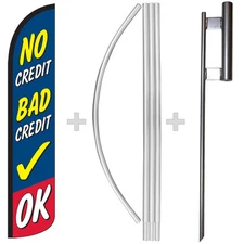 No Credit Bad Credit OK 15' Tall Windless Swooper Feather Banner Flag & Pole Kit
