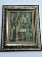 MID CENTURY ABSTRACT PAINTING CUBIST CUBISM CITYSCAPE MODERNISM 1950 RAYMOND OIL