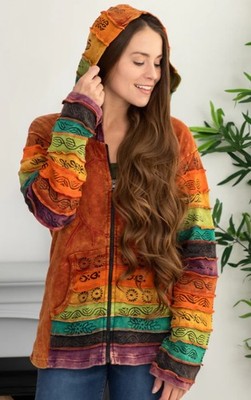 Greater Good Boho styled jacket embroidered sun hooded full zipper size 1X