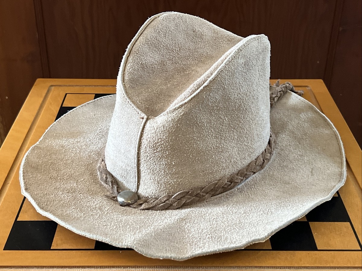 Vintage Western Hat MEDIUM Beige Suede Leather Braid Cowboy Hippie Mexico
