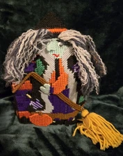 Vintage Witch With Crazy Hair - Needlepoint Plastic Canvas Facial Tissue Holder