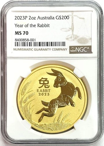 2023 P GOLD $200 AUSTRALIA 2ozs LUNAR YEAR OF THE RABBIT COIN NGC MINT STATE 70