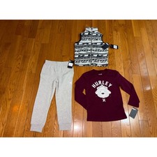 Hurley Boys 3 Piece Set Fleece Vest Shirt Joggers Anthracite Maroon Size 6 NEW