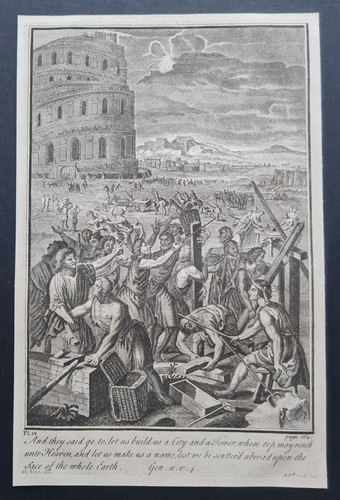 Antique c. 1750 bible print - Genesis 11:4 – Building the Tower of Babel