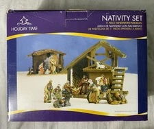 Vintage Nativity Set Includes 10 Hand Painted Porcelain Figures Plus Wood Manger