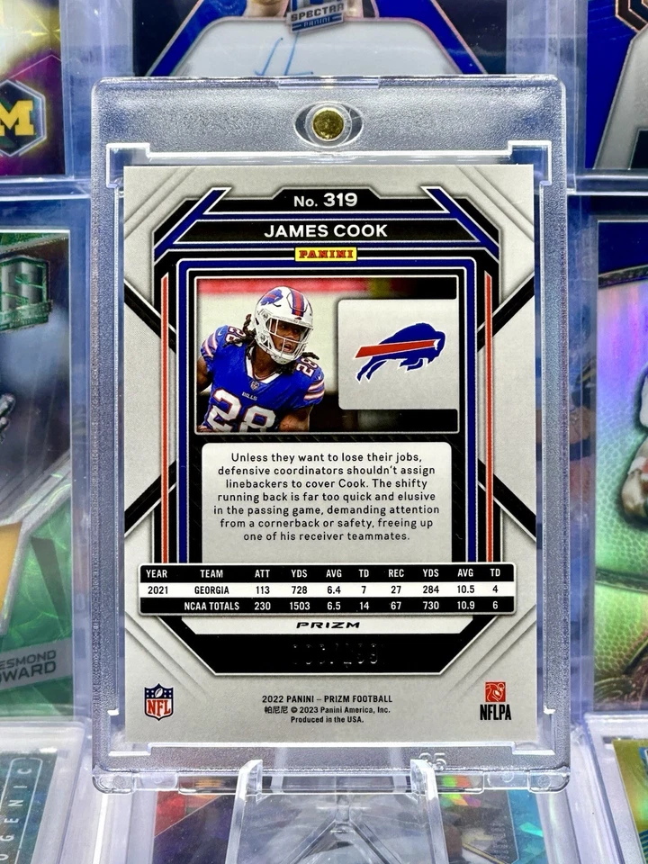 2022 Prizm Rookie RC Blue Wave Numbered /199 Holo SP James Cook Buffalo Bills - Image 2 of 2