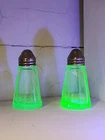 Vintage Hazel Atlas Uranium Green Depression Glass Salt & Pepper Shakers~3”