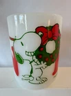 Vintage Fire King Snoopy Coffee Mug Christmas Noel Wreath Peanuts Milk Glass Cup