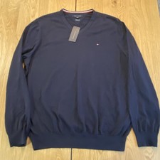 TOMMY HILFIGER Jumper Sweater NWT Men Size XL Premium Cotton V Neck Navy