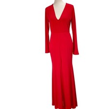 Vintage 90s Red Slinky Long Sleeve Maxi Dress High Slit Wall St Size Small USA