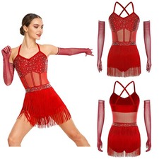 Women Dance Costume Rhinestones Tassel Leotard Dress With Gloves Tango Ballroom