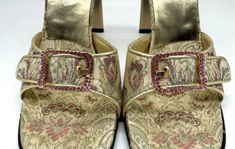 Vtg Casadei Heels 8 Brocade Pink Gold Crystal Buckle Mule Y2K Italy Holiday Glam - Image 2 of 4