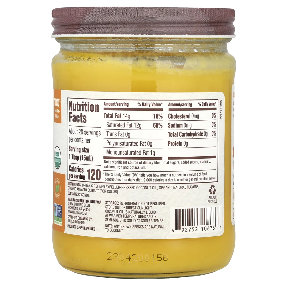 Aceite de coco orgánico Nutiva sabor mantequilla 14 fl oz 414 ml B Corp, sin hexano, Foto 2 de 3
