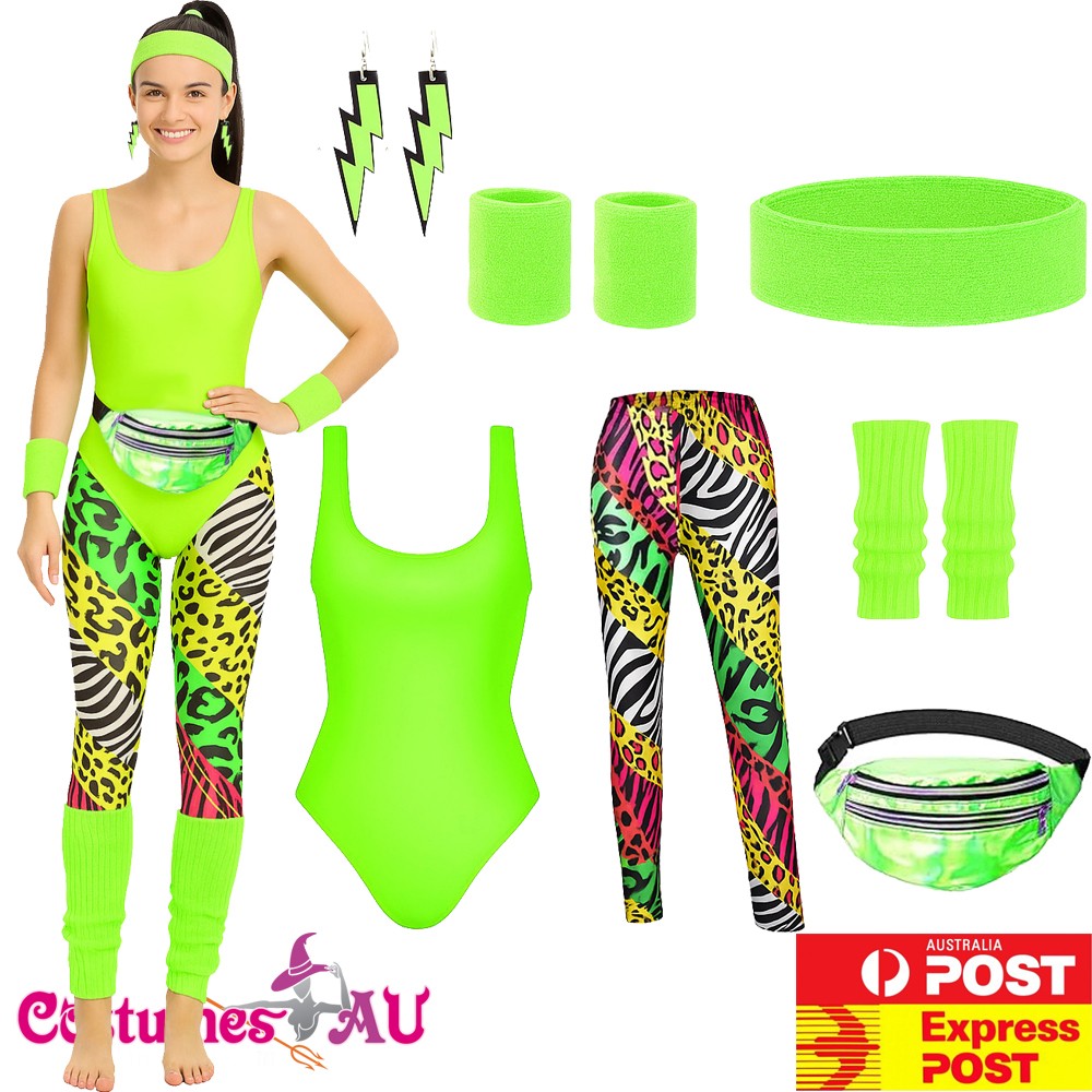 Ladies 80s Aerobics Costume 80's Disco Retro Gym Green Physical Fitness  Work Out