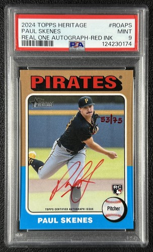 PAUL SKENES PSA 9 2024 TOPPS HERITAGE ROOKIE REAL ONE RED INK AUTO RC 53/75