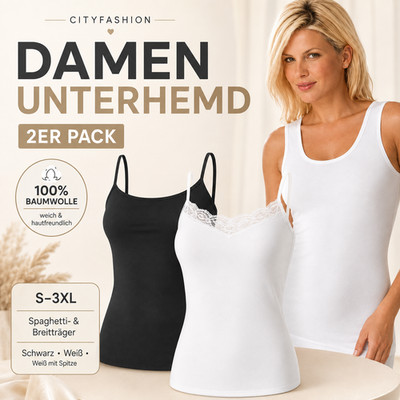 2 Pack Ladies Undershirt Cotton Top Spaghetti Straps/Wide Straps 36-58 S-3XL