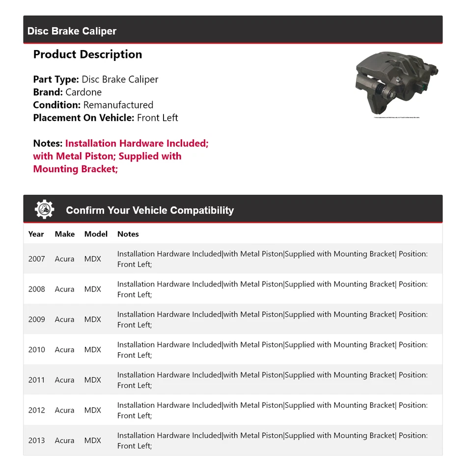 For 2007-2013 Acura MDX Disc Brake Caliper Front Left Cardone 2008 2009 2010 - Image 2 of 4