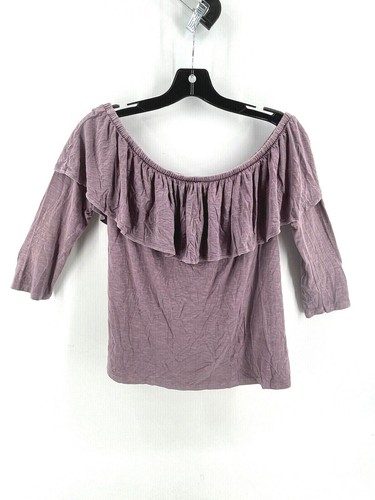 American Eagle Women's Purple Soft T Shirt Top Medium Elastic Ruffle Neckline - Picture 2 of 9