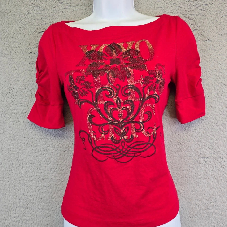 Vintage Y2K XOXO Top Women’s Medium Red Floral Graphic Print Fairy Grunge 90s - Image 3 of 4