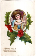 ANTIQUE CHRISTMAS Postcard       ANGEL PLAYING HARP,  HOLLY
