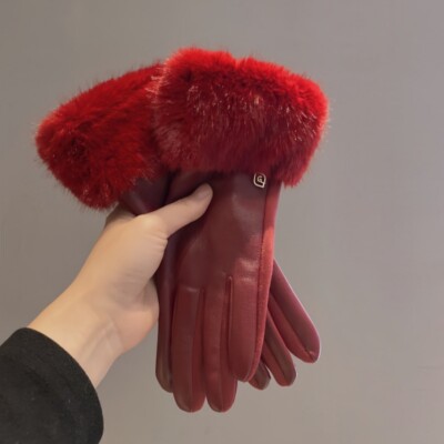 Faux Mink Fur Faux Lambskin Leather Gloves Faux Fox Fur Trim Cuff Winter Warm