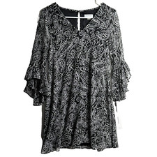 Calvin Klein Dress Womens 6 Black White Floral Shift Knee Length Flutter $99
