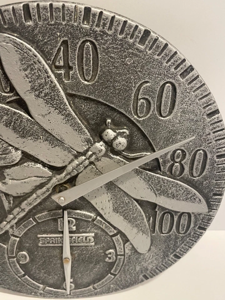 12" ROUND SPRINGFIELD DRAGONFLY METAL THERMOMETER CLOCK - Image 3 of 4