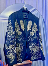 Men Blue 2Pc Country Western Floral Embroidered Wedding Cocktail prom Outfits