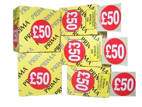 1500 x"" £50"" ROT SHOPPREIS EINZELHANDELSPREIS AUFKLEBER ETIKETT AUFKLEBER QUALITÄT 45 mm PRIMA - Bild 2 von 5