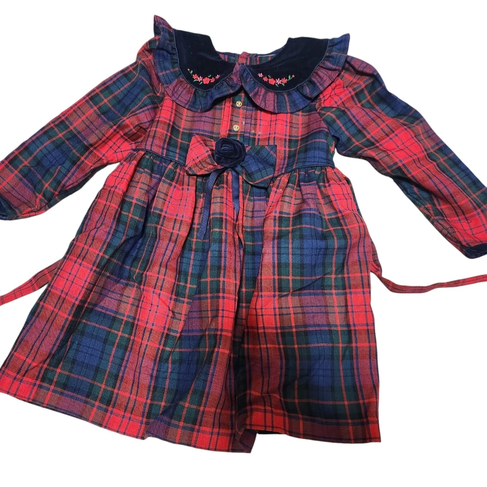 Vestido y sombrero Baby Togs talla 4T azul rojo a cuadros terciopelo vacaciones manga larga Foto 2 de 4