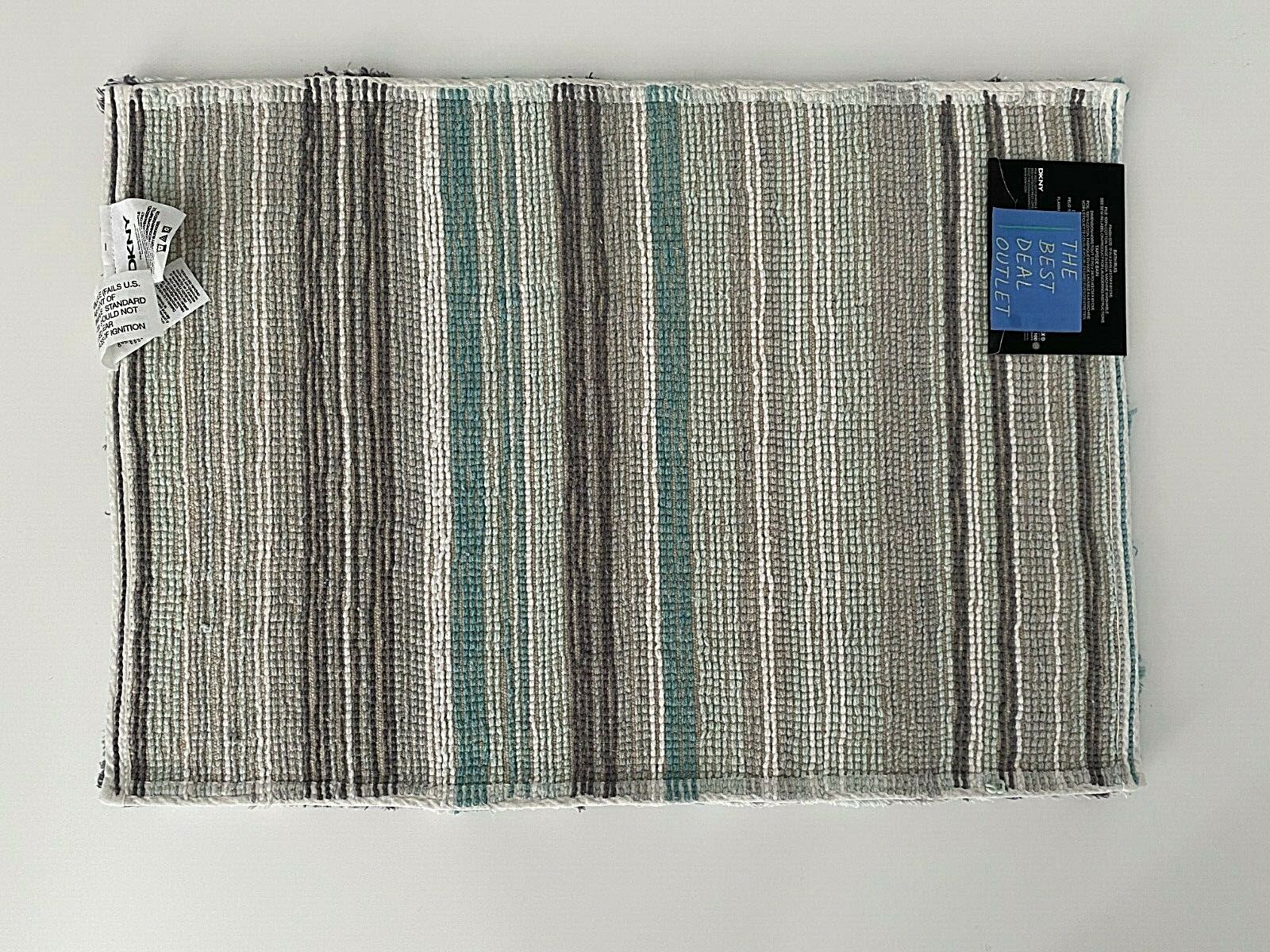 DKNY Bathroom Rug Mat Aqua Gray White Stripes 17" x 24" Soft Cotton C1