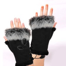 Winter Women's Gloves Warm Suede Faux Fur-Fluffy Xmas Fleece Fingerless Gloves~