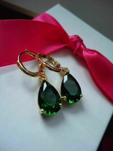 Boucles D'oreilles Goutte 14k Or Blanc - Émeraude Simulée Verte 4ct Poire, Fabrication Artisanale Inde