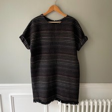 Zara Shift Dress EUR L navy Blue Short Length Tweed Woven Pattern Frilly Edge
