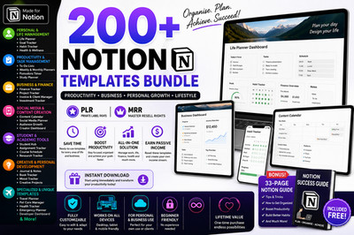 200+ Notion Templates Bundle | PLR | Productivity, Business & Lifestyle