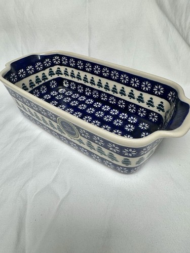 Polish Pottery Loaf Baker – Hand-Painted Blue Blossom Design, 9"L X 5"W X 2.75"D, Oven & Dishwasher Safe