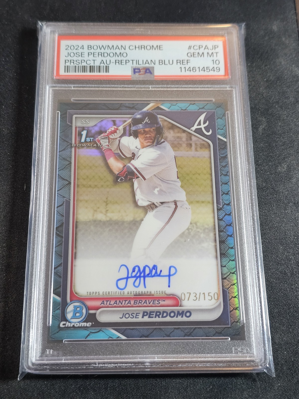 Jose Perdomo 2024 Bowman Chrome 1st Reptilian Blue Refractor Auto /150 PSA 10