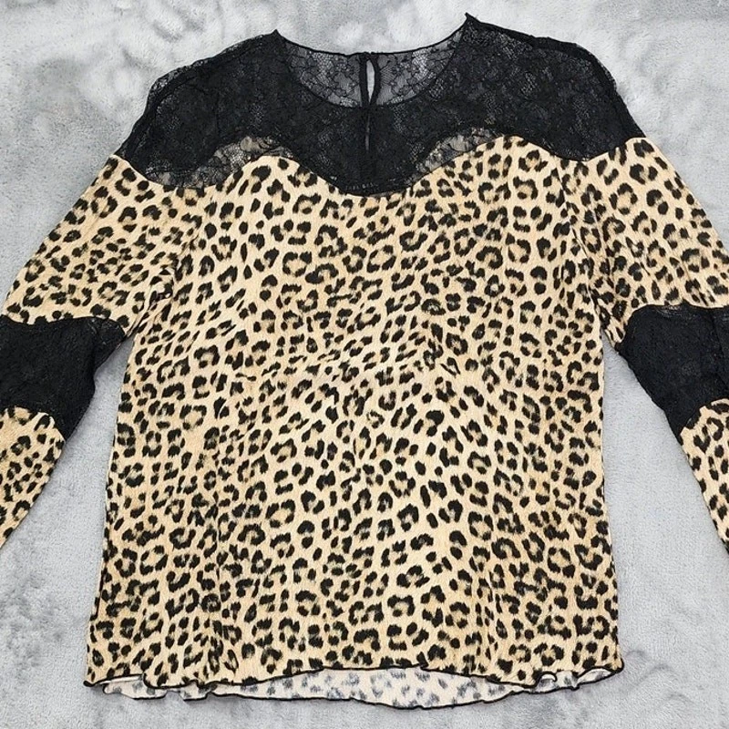 Blusa Zara Top Mujer XS Negra Tostada Estampado Animal Encaje Transparente Fluida Manga Larga Foto 4 de 4