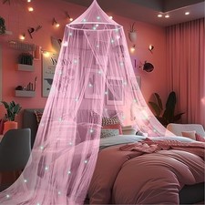 Pink Princess Bed Canopy for Girls with Glow in The Dark Stars, Pink with Stars