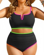 Yonique Women Plus Size High Waisted Bikini Ribbed Two Piece Swimsuit Tummy ...